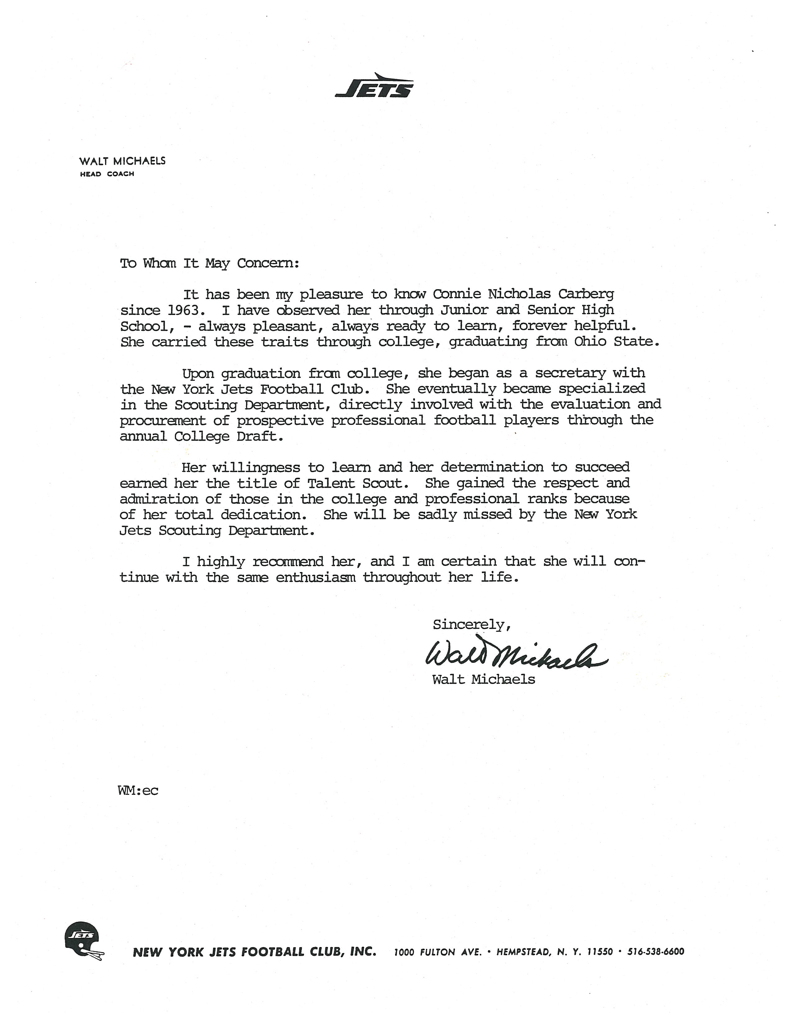 Letter from Walt Michaels