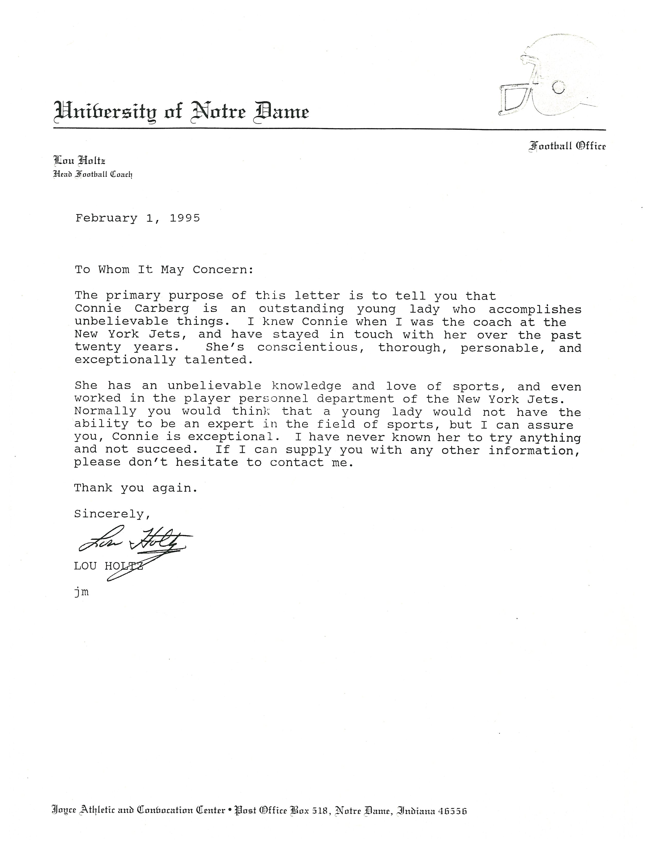 Letter from Lou Holtz of Notre Dame recommending Connie Carberg