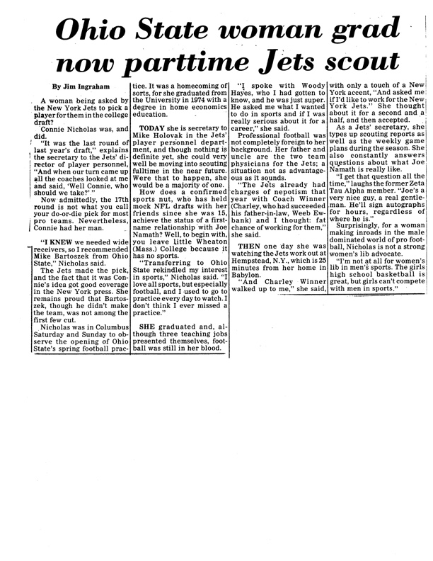 Newspaper article about Ohio State grad Connie Nicholas becoming a Jets scout